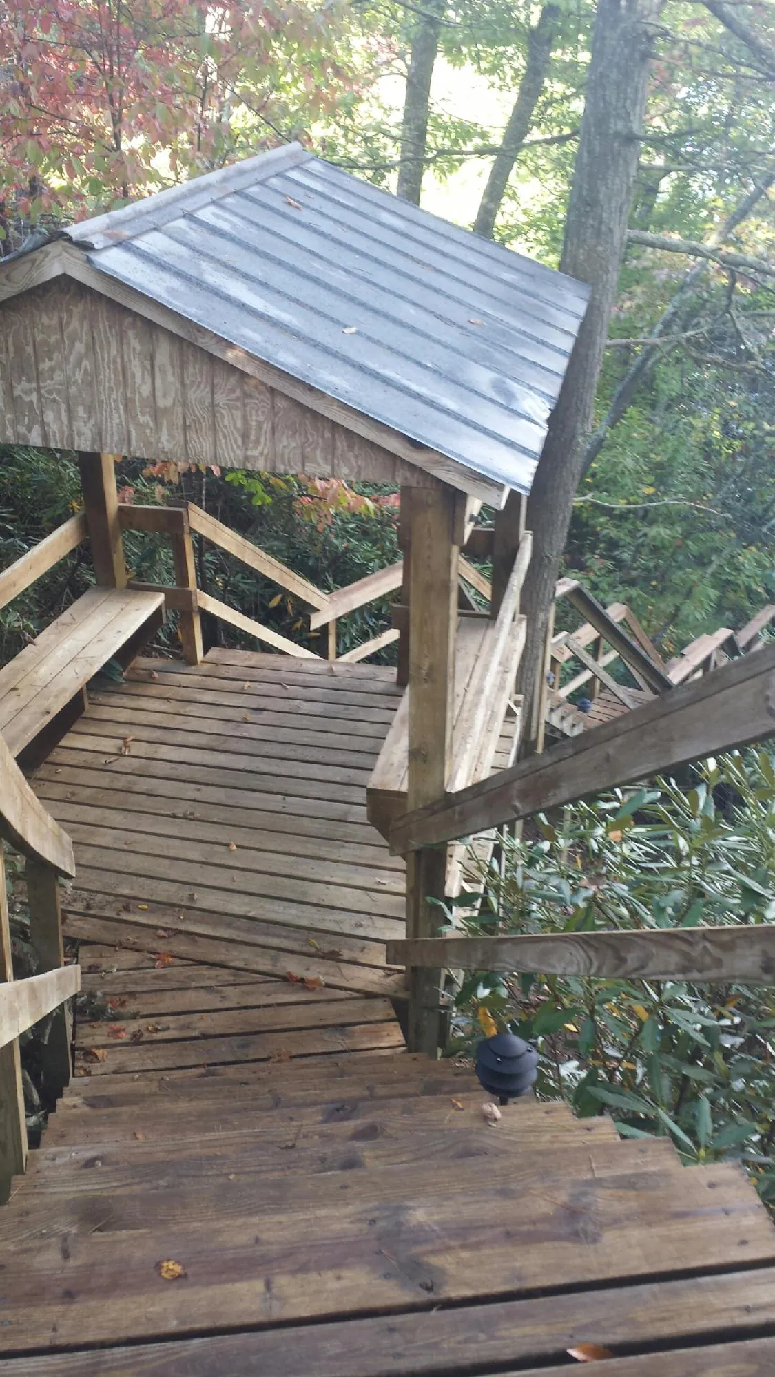 Metal roofed shelter over wooden steps on a wooded walkway — Skylight Repair & Installation work by our crew in Beech Grove